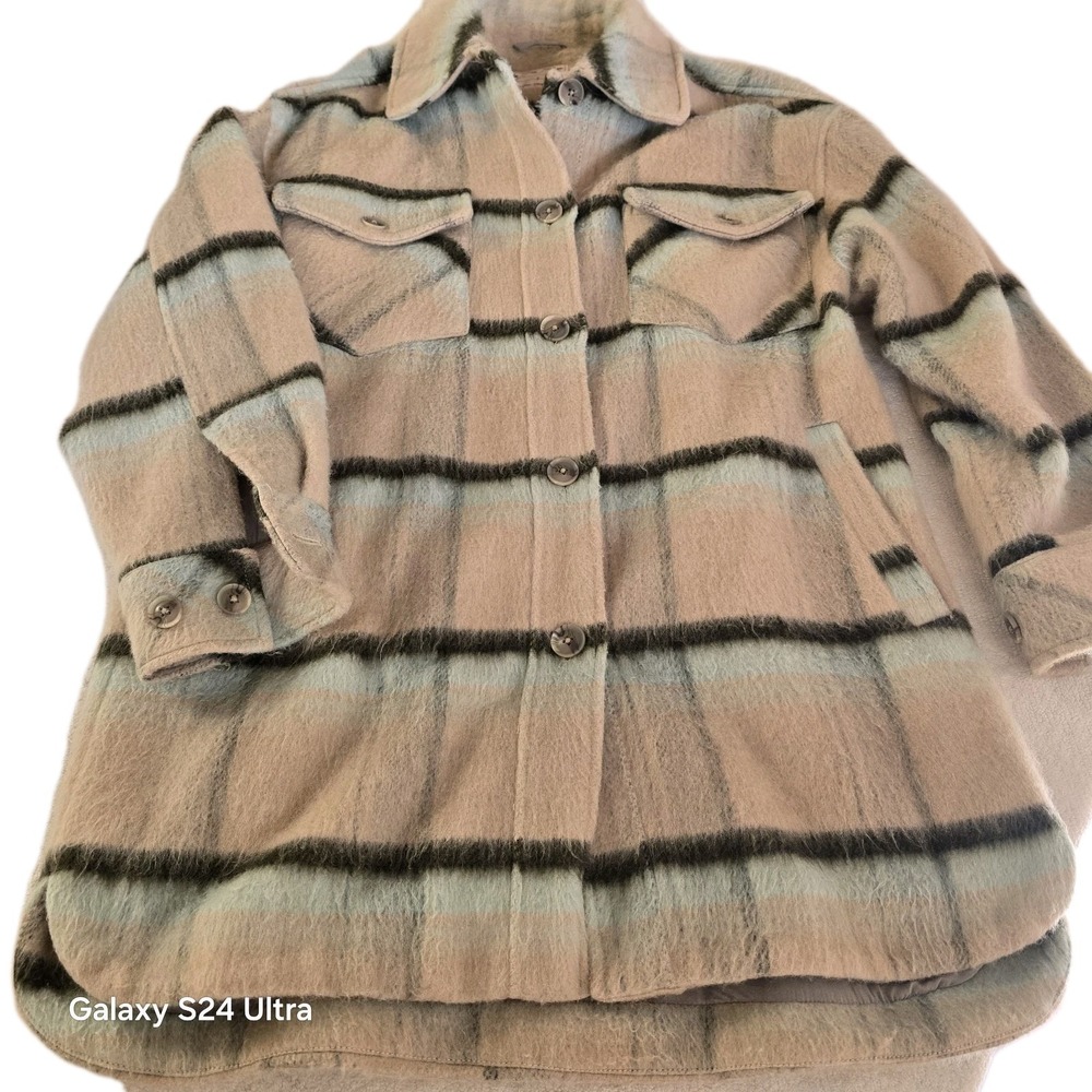 Free People We The Free Plaid Shacket Wool Blend Oversized Jacket Tan Blue S